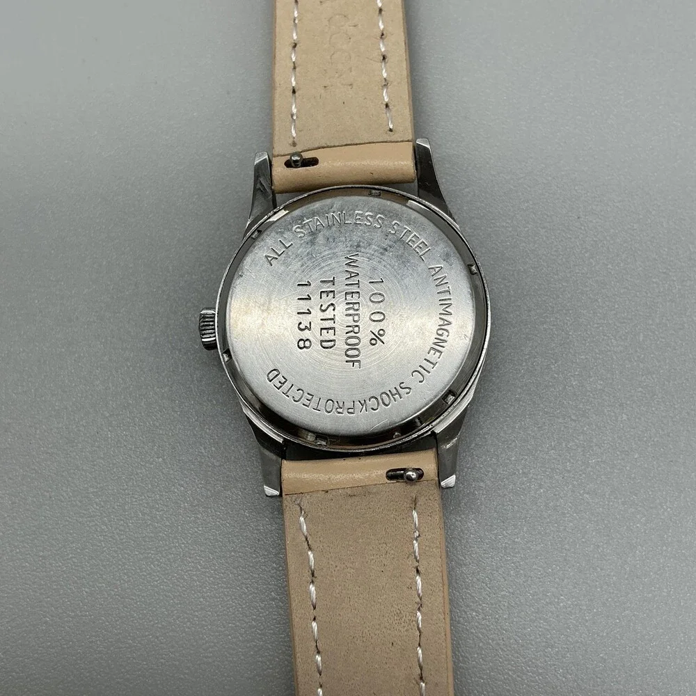 Vintage Avia Cadet Mens Watch 29mm Silver Tone Beige Leather Manual Wind